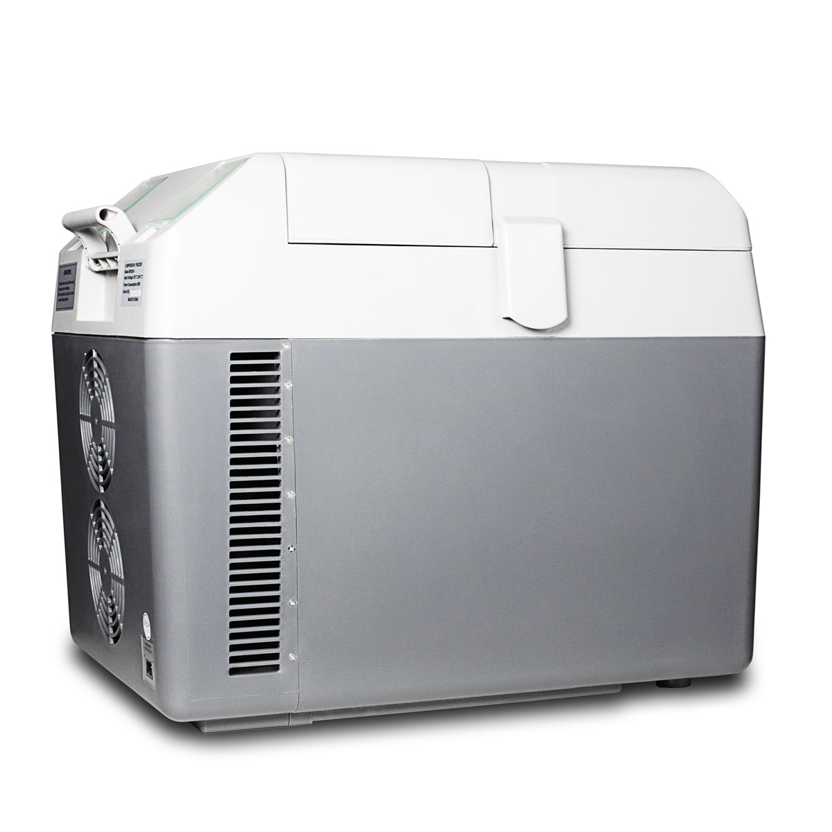 Portable 12V/24V cooler capable of operation as refrigerator (2-8 C) or freezer (-15 C), with factory-installed lock and collapsible trolley